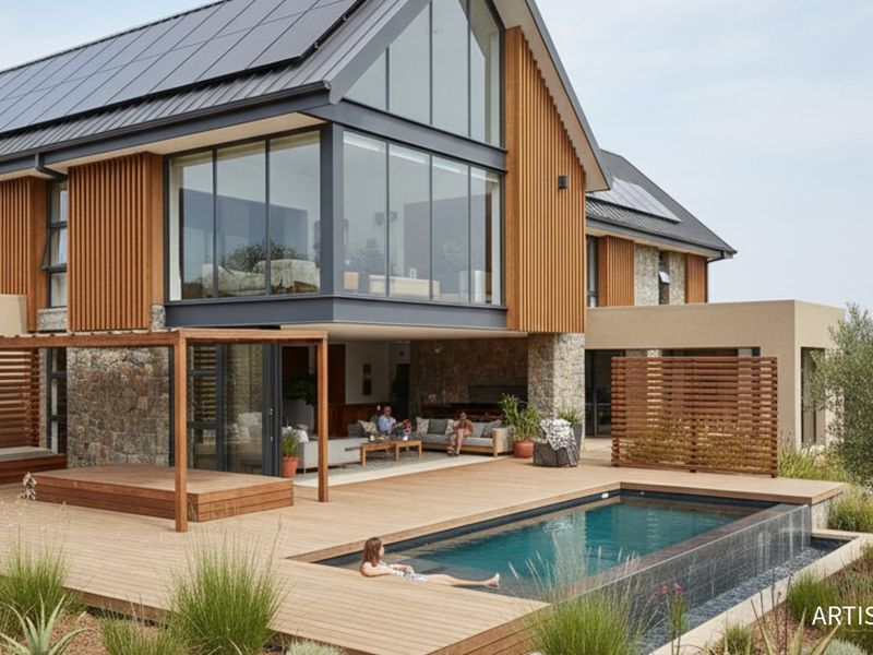 A modern rear exterior view featuring a swimming pool, timber decking, stone cladding, and solar panels on the roof.