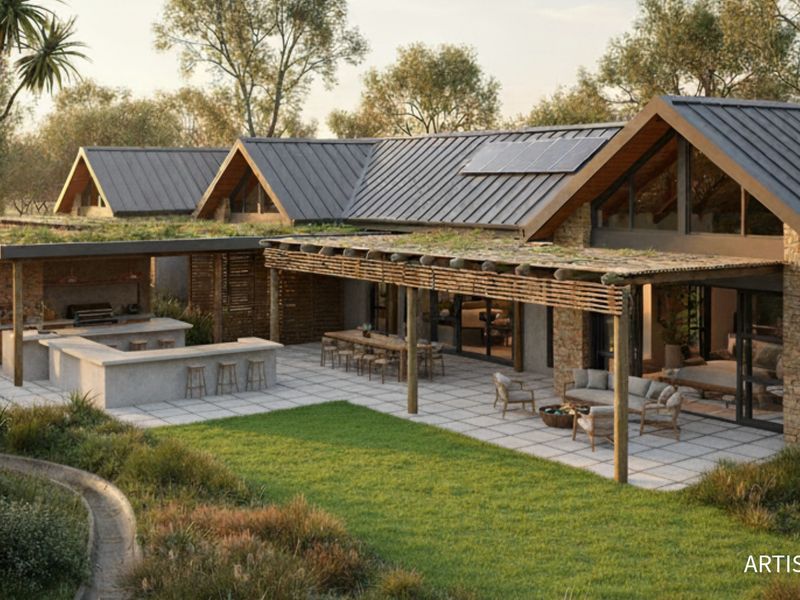 An artist render of a modern residential rear exterior featuring a spacious paved patio, built-in outdoor kitchen, pergola, and sustainable green roof design.