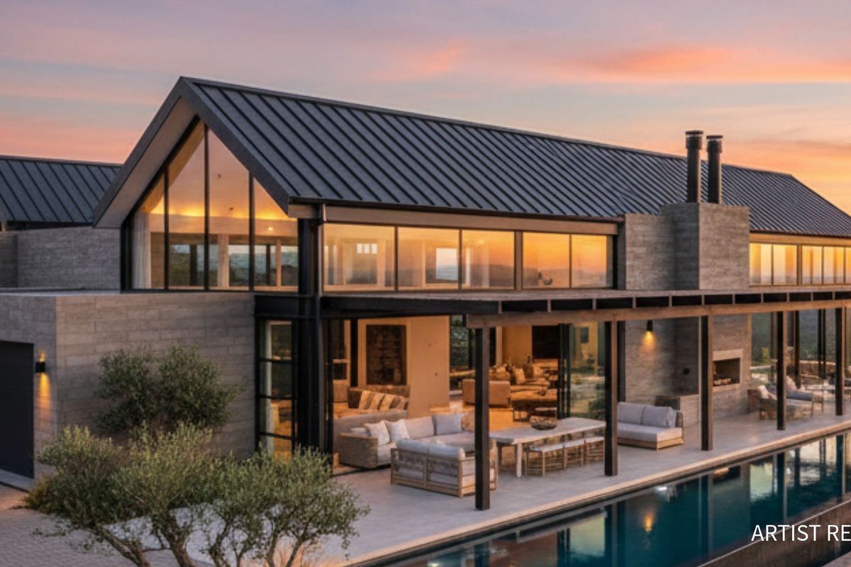 A modern architectural rendering of a luxury residence featuring a metal roof, expansive glass walls, a covered patio, and a swimming pool at sunset.