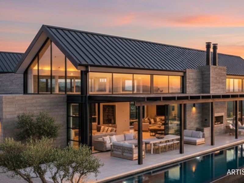 A modern architectural rendering of a luxury residence featuring a metal roof, expansive glass walls, a covered patio, and a swimming pool at sunset.