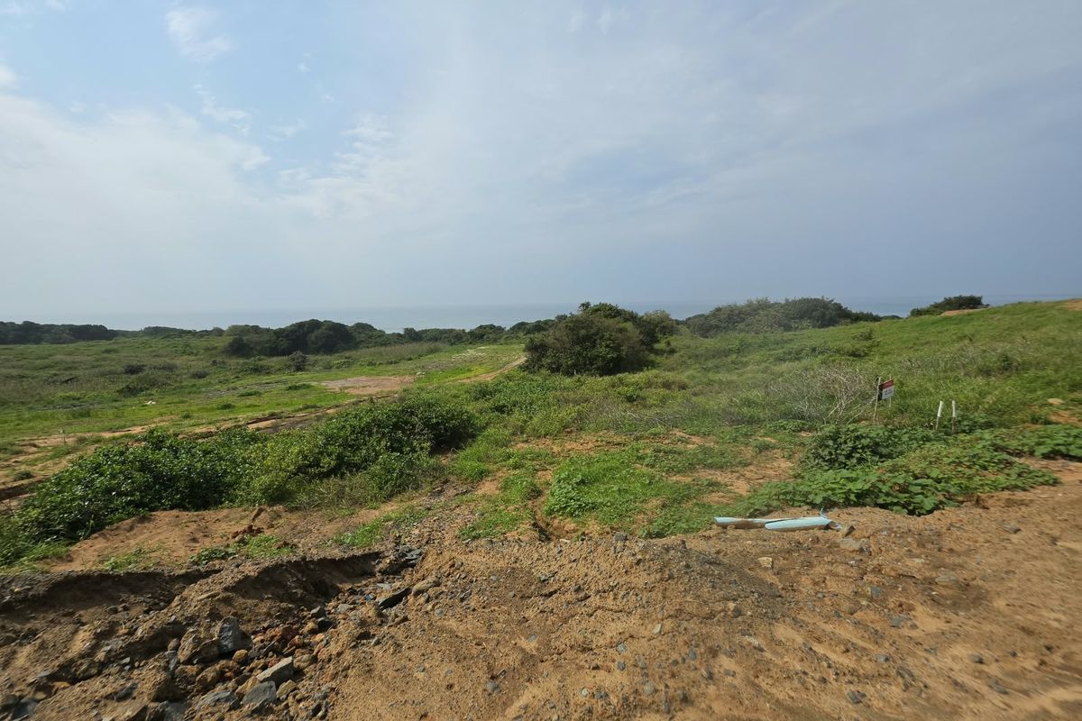 A wide-angle view of a vacant residential plot featuring natural coastal vegetation and distant ocean views.