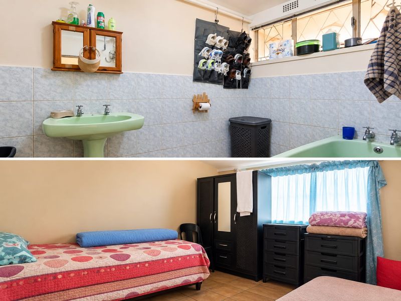 A composite image showing a bathroom with a green pedestal basin and bathtub, and a bedroom with tiled flooring.