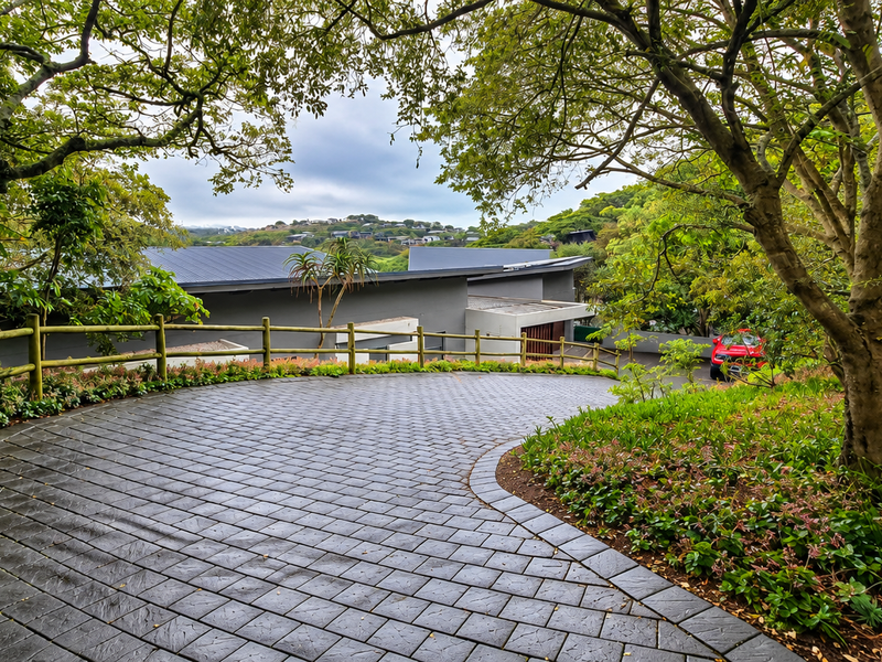 A paved driveway leads towards the front elevation of the house, framed by mature trees and established garden landscaping.