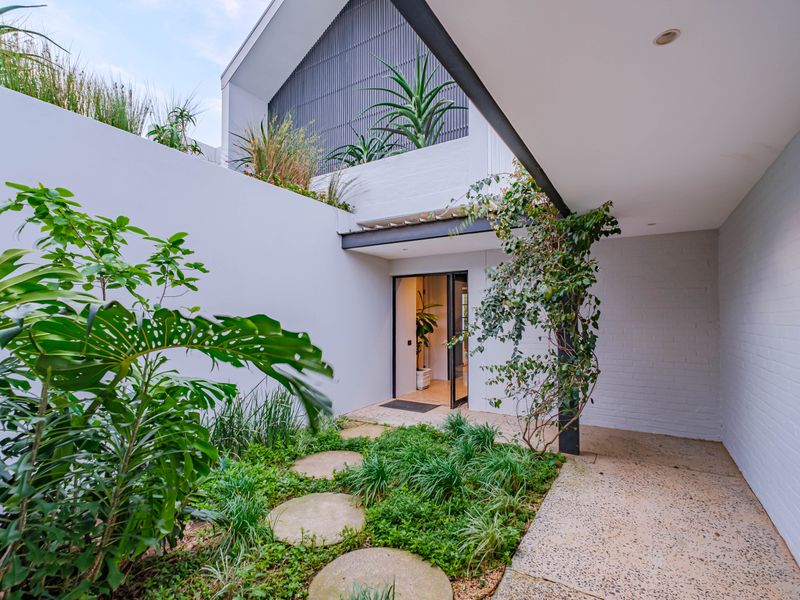 A modern, architecturally designed entrance featuring a covered walkway, a landscaped courtyard garden with stone stepping stones, and clean, contemporary finishes.