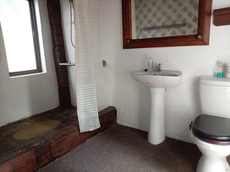 A dated bathroom featuring a pedestal sink, toilet, and a raised shower area with timber detailing and a wall-mounted mirror.