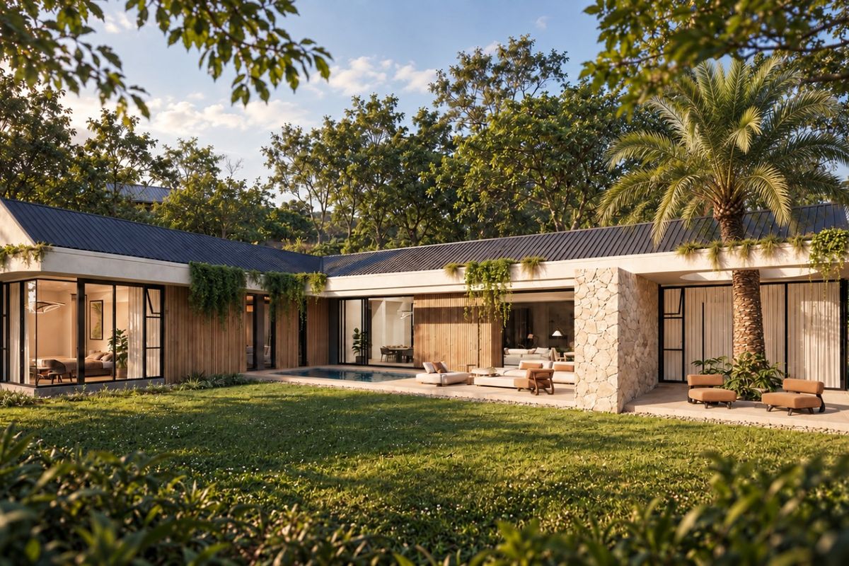A modern architectural rear elevation featuring a swimming pool, covered patio, stone and timber cladding, and large sliding glass doors opening to the garden.