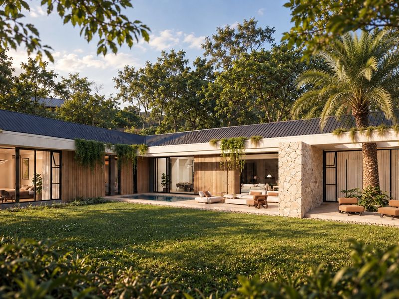 A modern architectural rear elevation featuring a swimming pool, covered patio, stone and timber cladding, and large sliding glass doors opening to the garden.