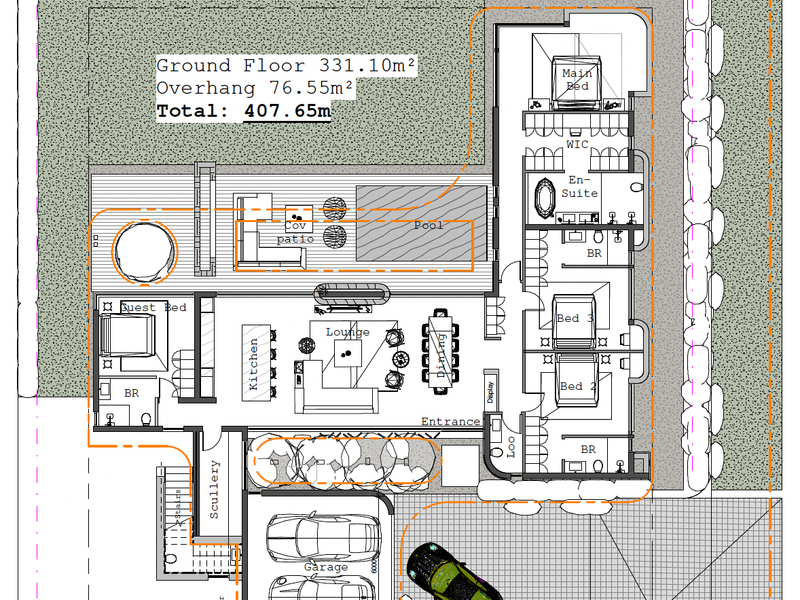 Architectural ground floor plan showing the layout of the house, including bedrooms, living areas, kitchen, garage, and outdoor pool area.