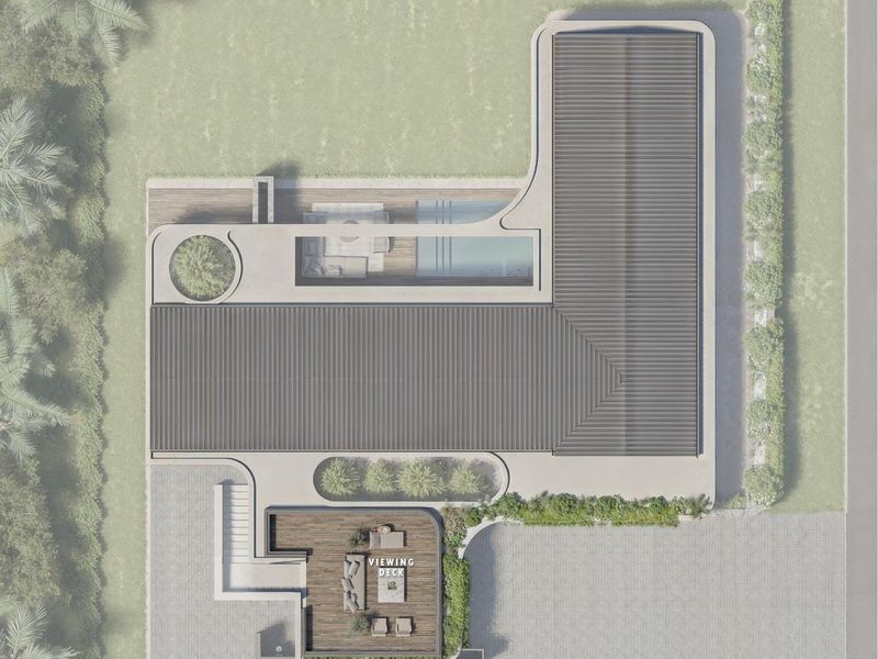 An architectural first floor plan showing the layout of the property, including the swimming pool, viewing deck, and roof structure.