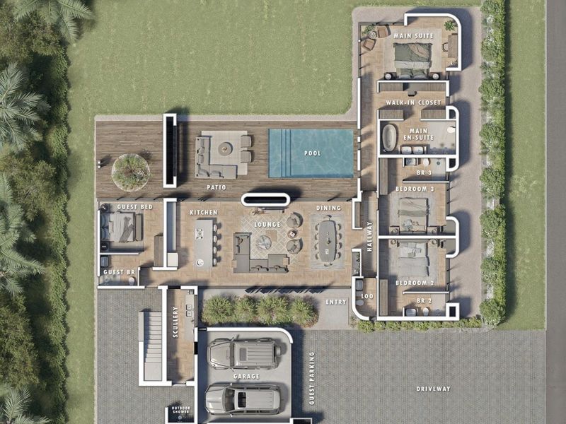 A detailed ground floor plan showing a modern layout with an open-plan living area, pool, patio, and multiple bedrooms.