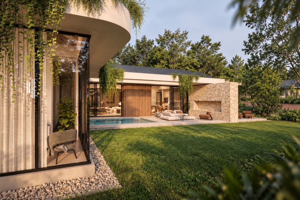 Modern rear exterior featuring a swimming pool, stone feature wall with integrated fireplace, and seamless indoor-outdoor flow through large sliding glass doors.