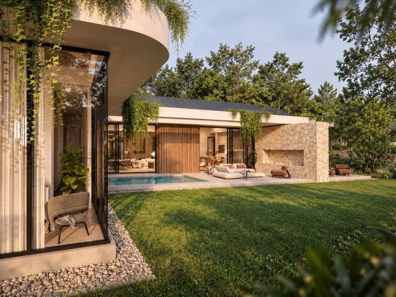 Modern rear exterior featuring a swimming pool, stone feature wall with integrated fireplace, and seamless indoor-outdoor flow through large sliding glass doors.