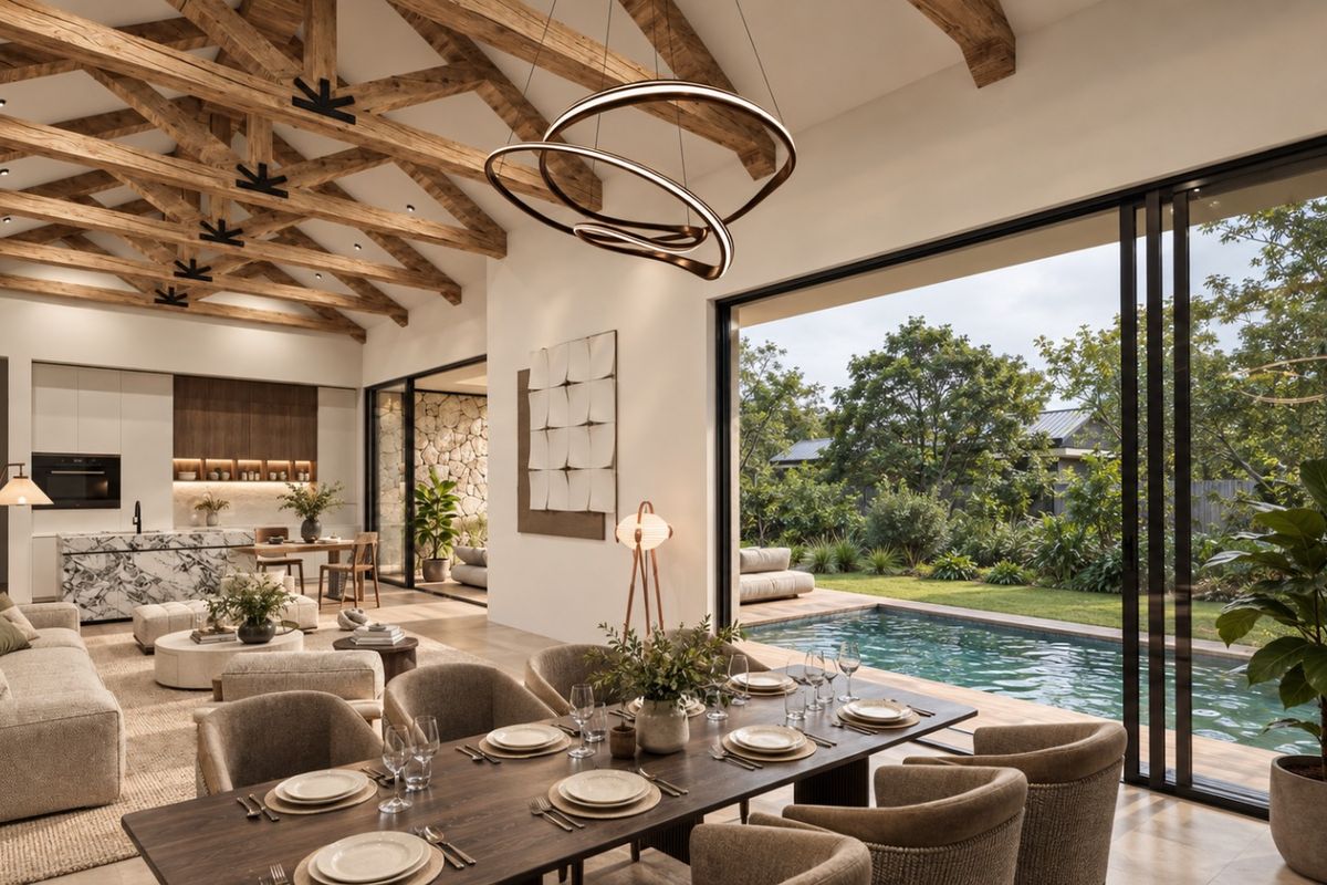 Spacious open-plan living and dining area featuring exposed timber beams, a modern marble kitchen, and seamless indoor-outdoor flow to the pool deck.