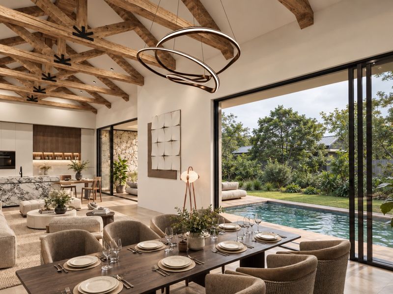 Spacious open-plan living and dining area featuring exposed timber beams, a modern marble kitchen, and seamless indoor-outdoor flow to the pool deck.
