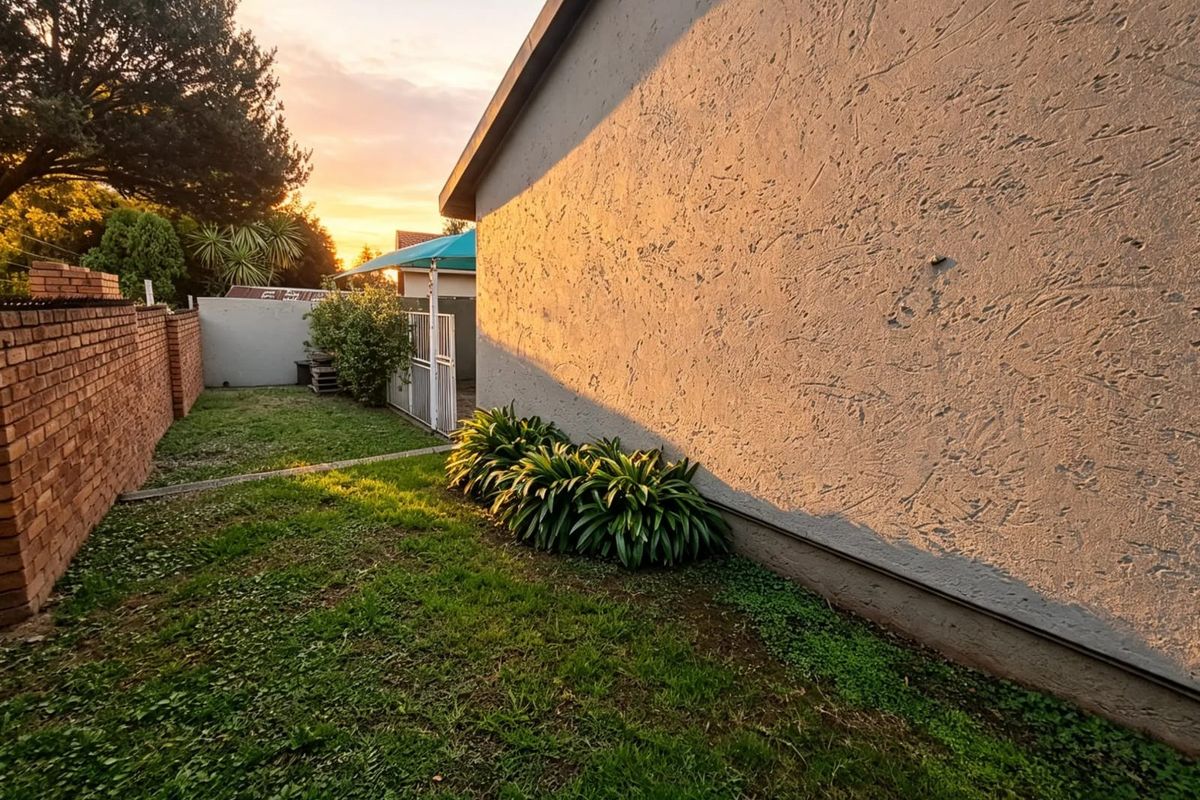A view of the rear garden area featuring a textured exterior wall, a brick boundary wall, and a small lawn at sunset.