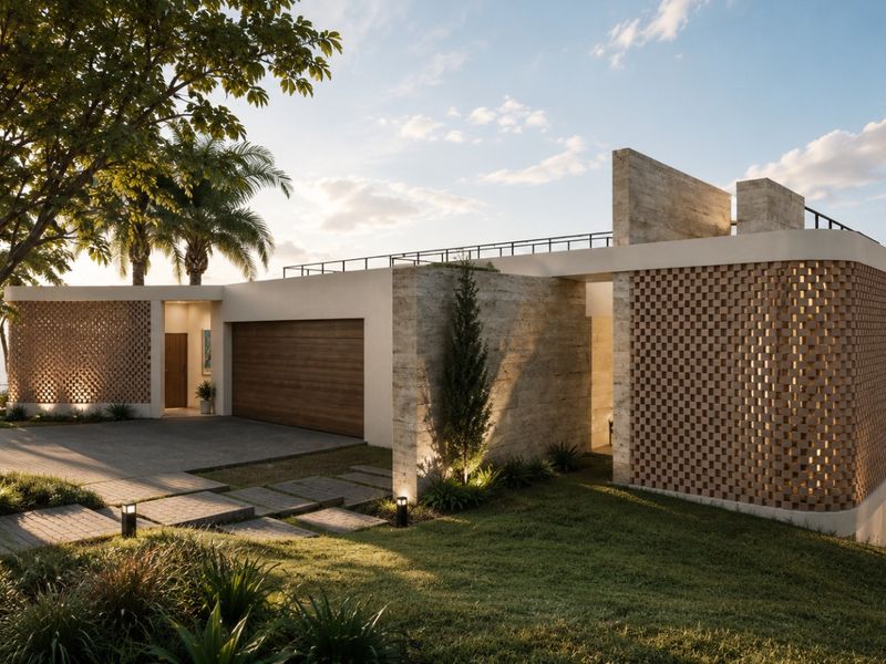 Modern architectural residence featuring travertine stone, decorative brick screens, a timber garage door, and a landscaped driveway with ocean views.