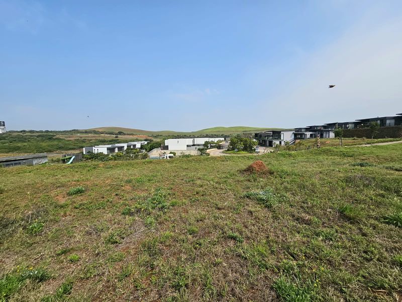 A wide-angle view of an undeveloped residential plot featuring natural grassland with established modern residential homes visible in the background.