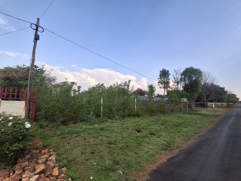 A street-level view of a vacant residential plot featuring established vegetation, wire fencing, and adjacent asphalt road access.