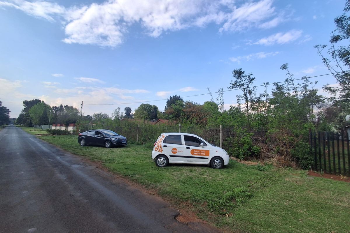 A street-level view of a vacant residential plot featuring a grass verge and wire mesh perimeter fencing.