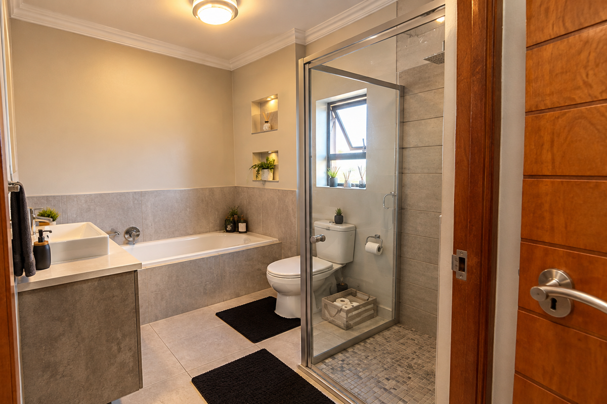 Modern bathroom featuring a built-in bathtub, separate glass-enclosed shower, countertop basin, and elegant tiled finishes with recessed wall shelving.
