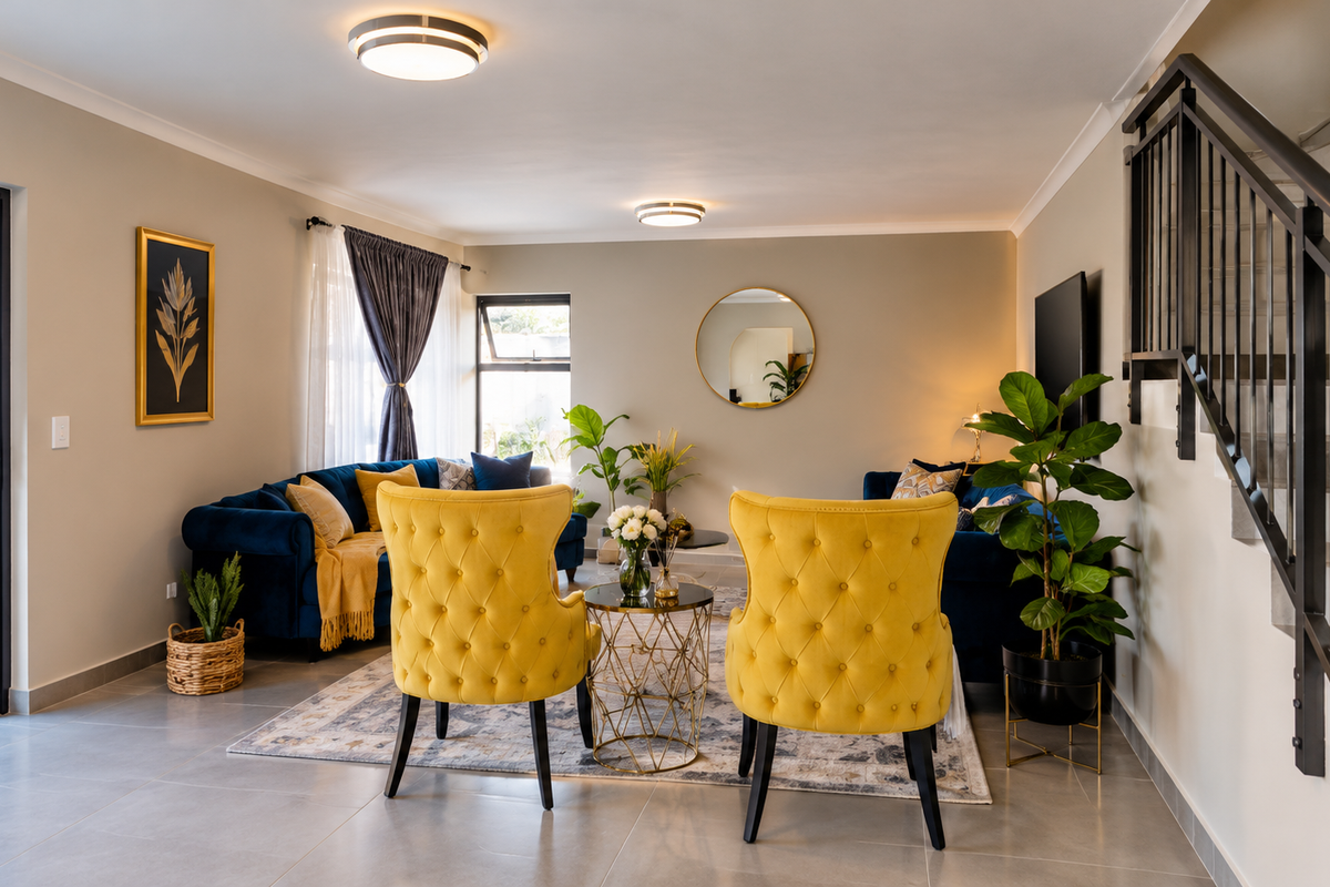 A well-maintained living room featuring large format floor tiles, a modern staircase with a metal balustrade, and direct access to the outdoor area.