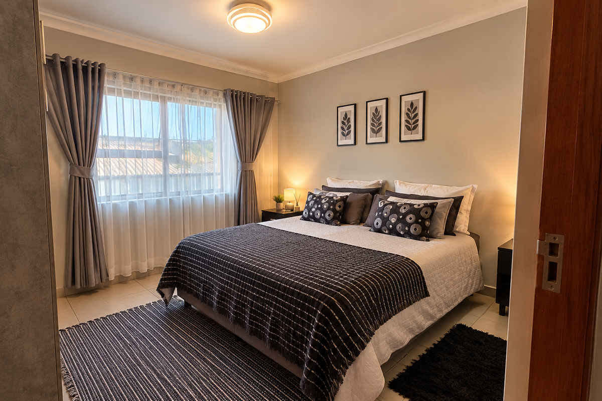 A well-maintained bedroom featuring tiled flooring, a built-in cupboard, and neutral wall tones, offering a comfortable and functional living space.