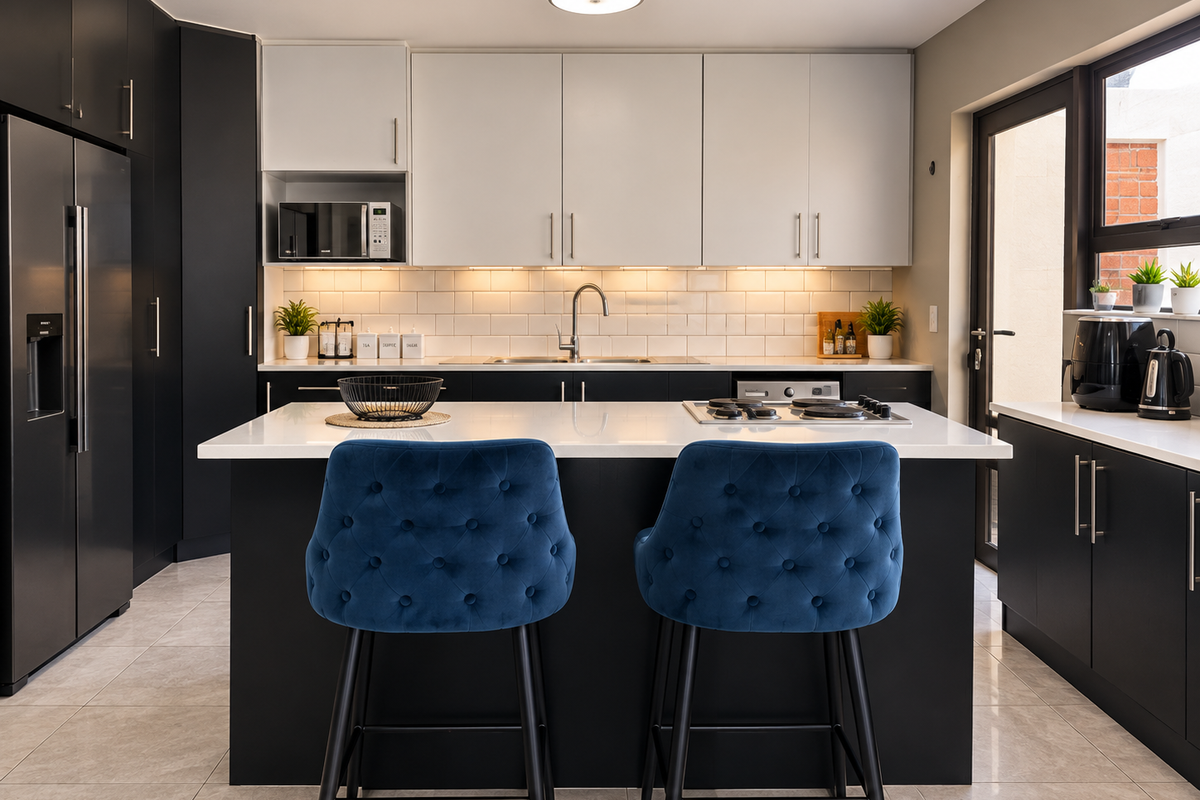Modern kitchen featuring a central island with a gas cooktop, sleek two-tone cabinetry, subway tile backsplash, and high-quality finishes throughout.