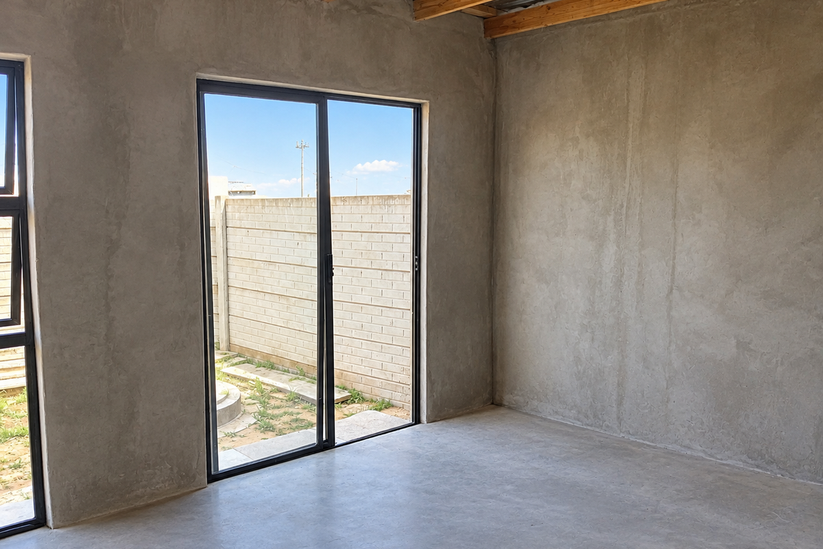 An unfinished interior space featuring exposed timber roof beams, concrete flooring, and sliding glass doors leading to an outdoor area.
