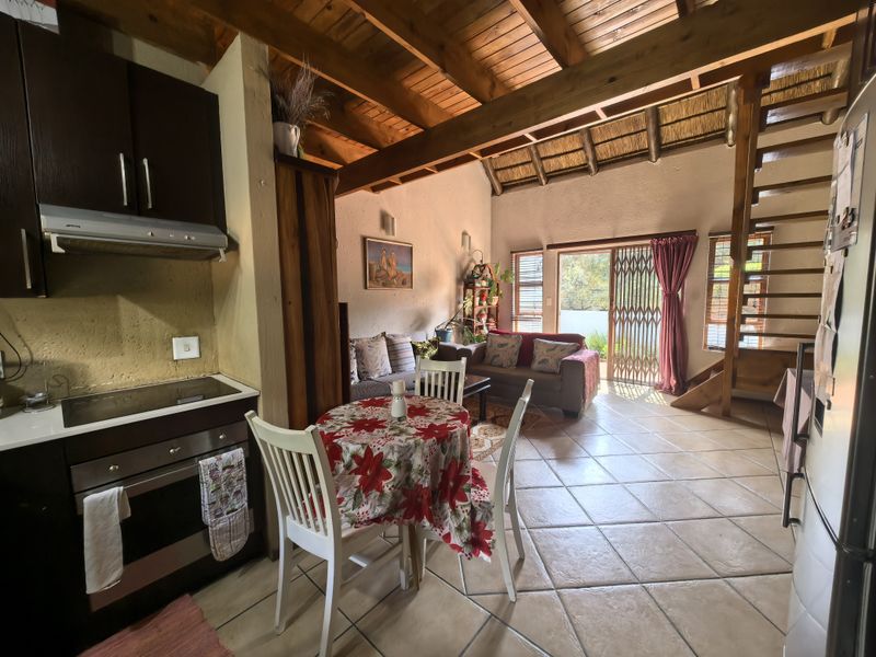 Open-plan living area featuring a kitchen with built-in appliances, tiled floors, exposed timber ceiling beams, and direct access to the patio via sliding doors.