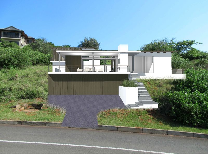 Architectural rendering of a modern residential property featuring a raised patio, concrete staircase, and driveway access from the street.