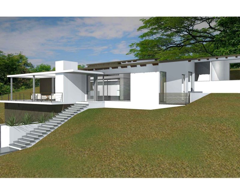 A 3D architectural rendering of a modern residential property featuring a spacious covered patio, clean lines, and a tiered landscape design.