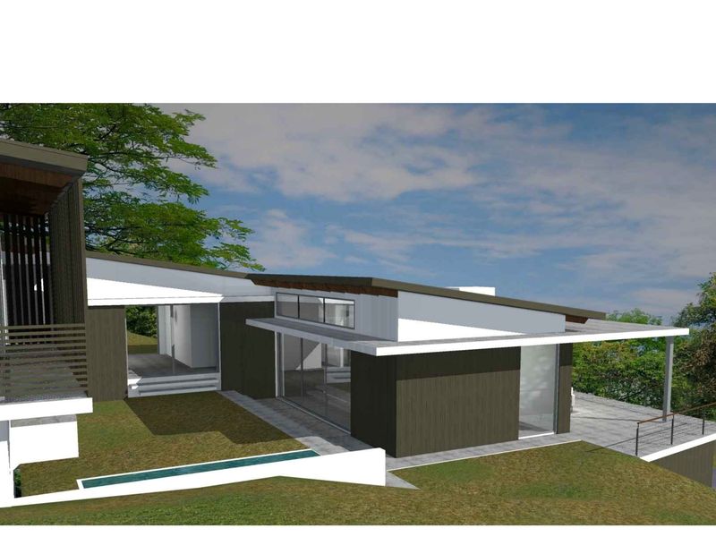 A 3D architectural rendering of a modern residential property featuring a sloped roof, expansive glass doors, and a covered patio area.
