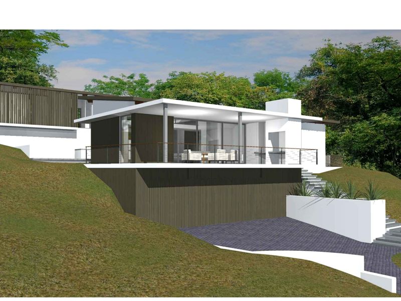 A 3D architectural rendering of a modern residential property featuring a spacious covered patio, glass balustrades, and landscaped terraced grounds.