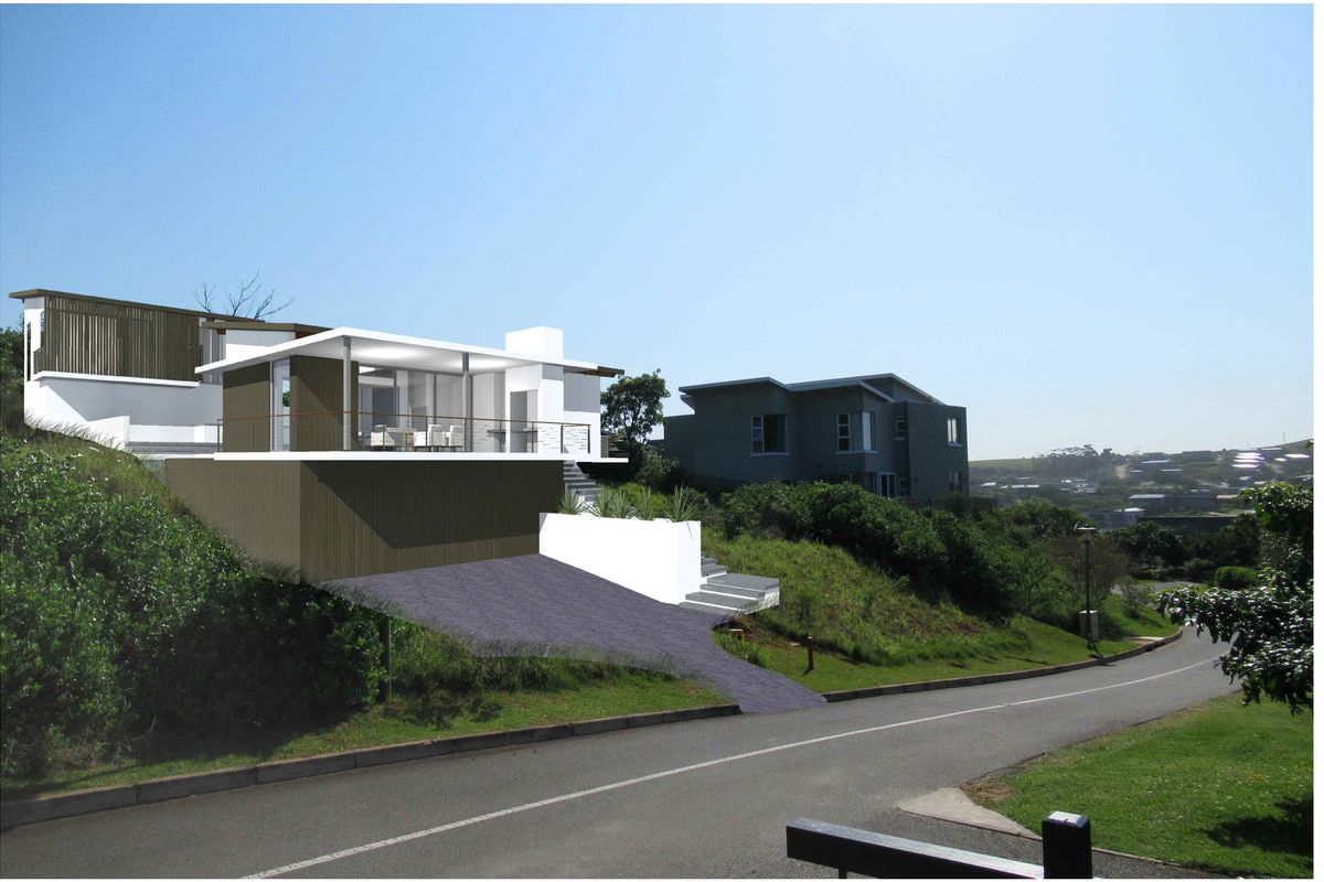 A digital architectural rendering showing a modern residential design integrated into a sloped vacant plot with driveway access and retaining wall structures.