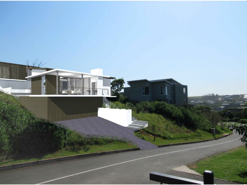 A digital architectural rendering showing a modern residential design integrated into a sloped vacant plot with driveway access and retaining wall structures.