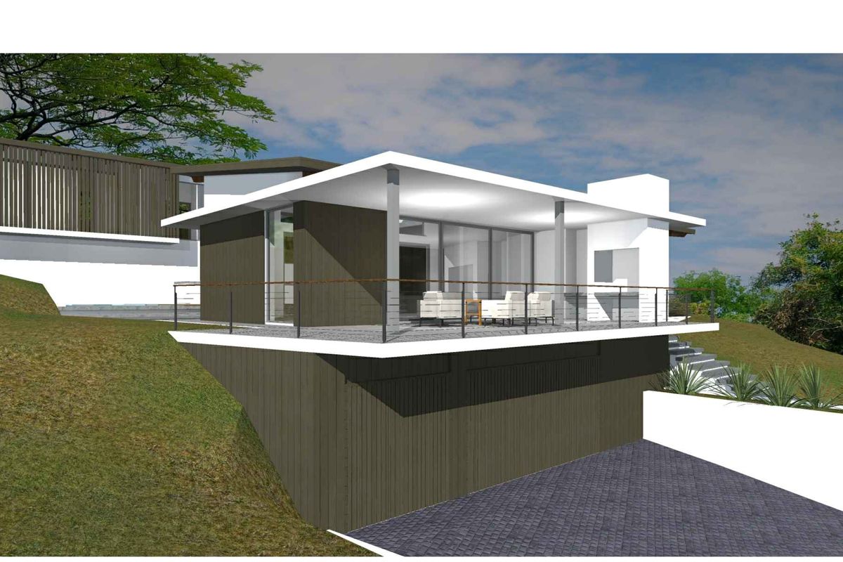 A 3D architectural rendering of a modern residential property featuring an elevated patio, outdoor fireplace, and paved driveway area.