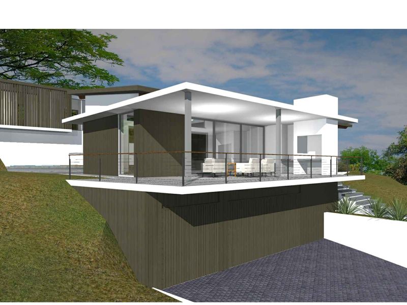 A 3D architectural rendering of a modern residential property featuring an elevated patio, outdoor fireplace, and paved driveway area.