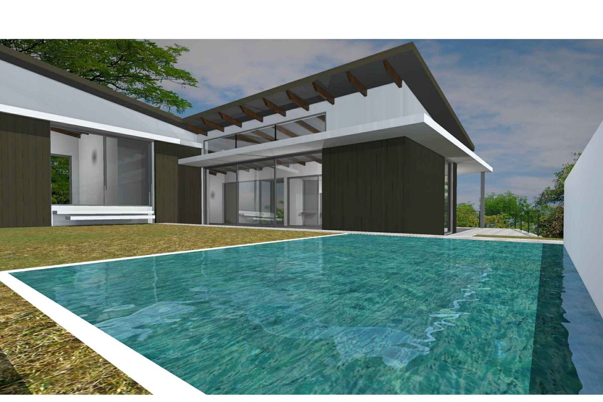 A 3D architectural rendering of a modern residential property featuring a swimming pool and contemporary exterior design.
