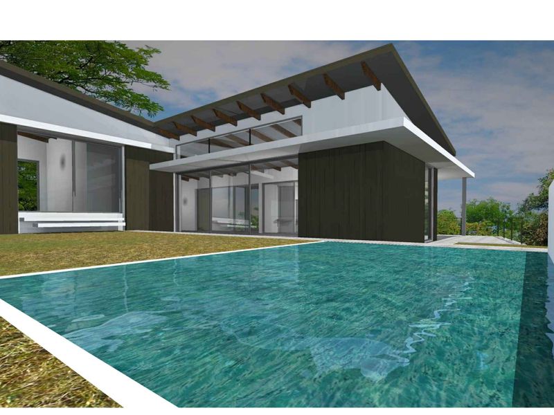 A 3D architectural rendering of a modern residential property featuring a swimming pool and contemporary exterior design.