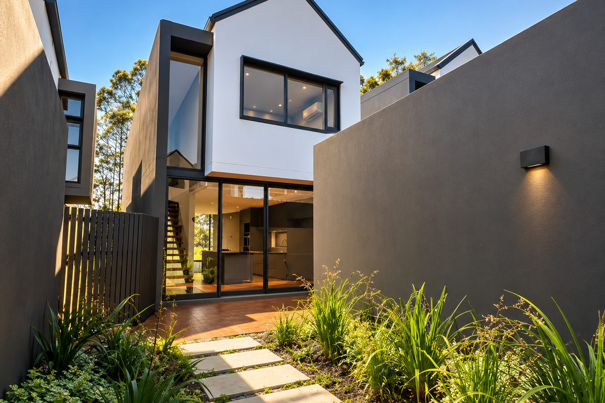 Modern townhouse rear elevation featuring a paved garden path, tiled patio, and large sliding glass doors leading into the open-plan living area.