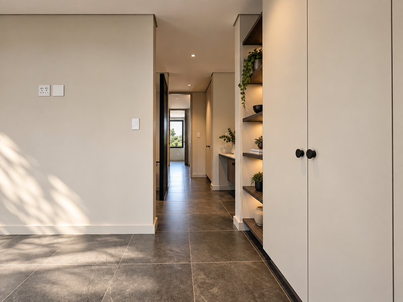 A modern, well-lit hallway featuring sleek built-in cabinetry, recessed shelving with integrated lighting, and high-quality dark tiled flooring.