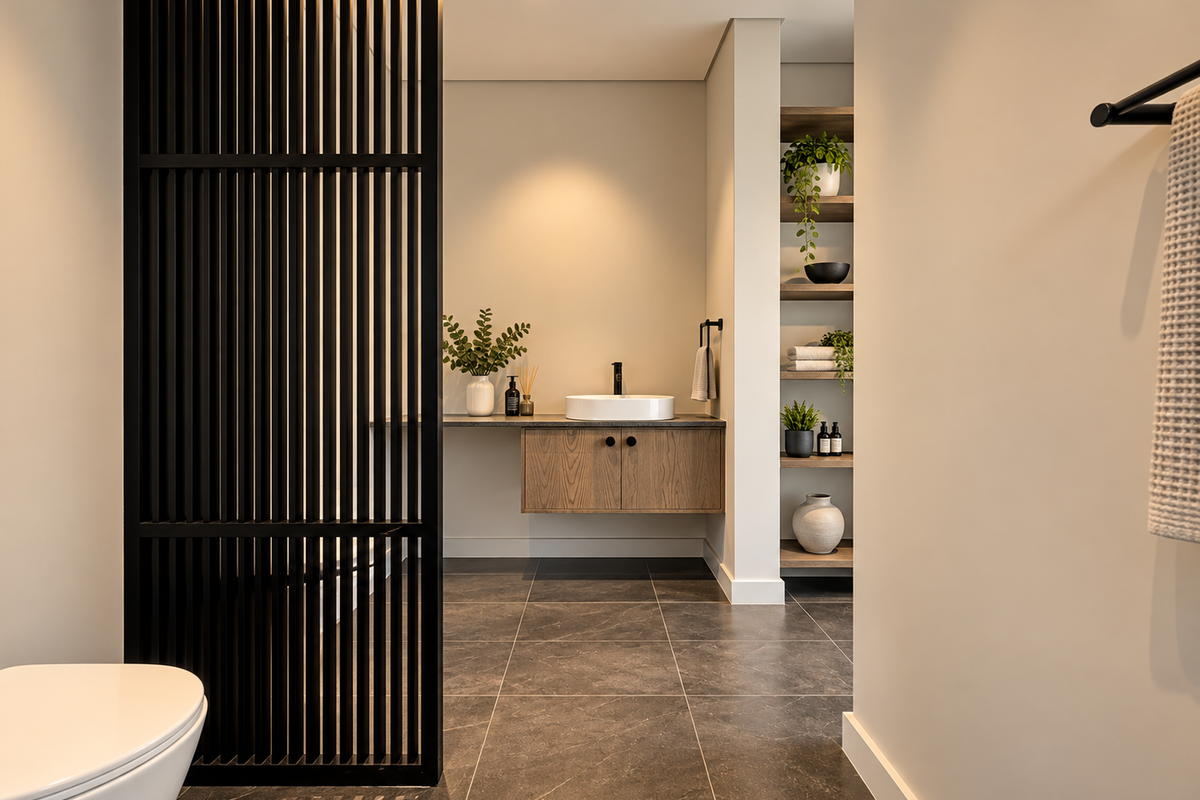 Modern bathroom featuring a floating vanity with a vessel sink, dark tiled flooring, and custom built-in shelving behind a stylish black slatted privacy screen.