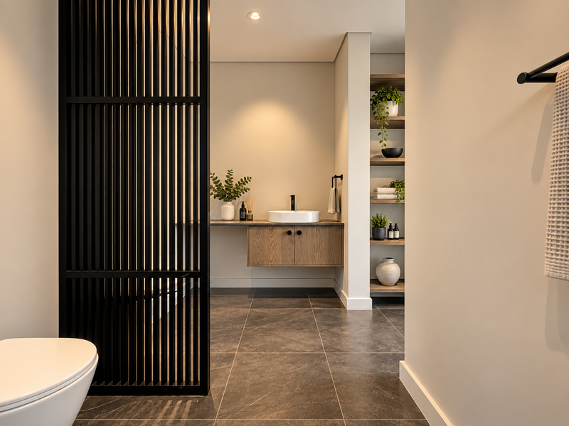 Modern bathroom featuring a floating vanity with a vessel sink, dark tiled flooring, and custom built-in shelving behind a stylish black slatted privacy screen.