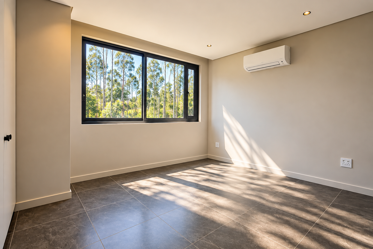 A bright, modern, and empty bedroom featuring large sliding windows, tiled flooring, and a wall-mounted air conditioning unit.