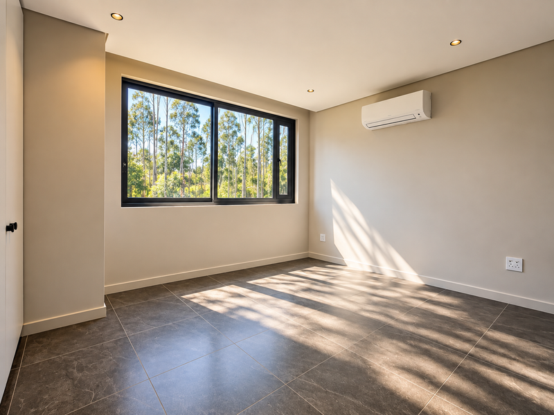 A bright, modern, and empty bedroom featuring large sliding windows, tiled flooring, and a wall-mounted air conditioning unit.