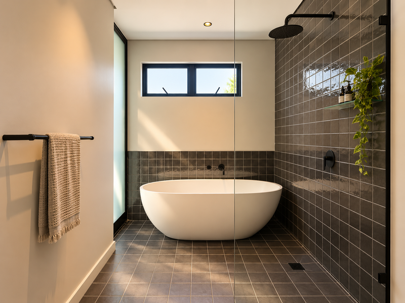 Modern bathroom featuring a sleek freestanding bathtub, a spacious walk-in shower with dark tiled finishes, and high-quality black matte fixtures.