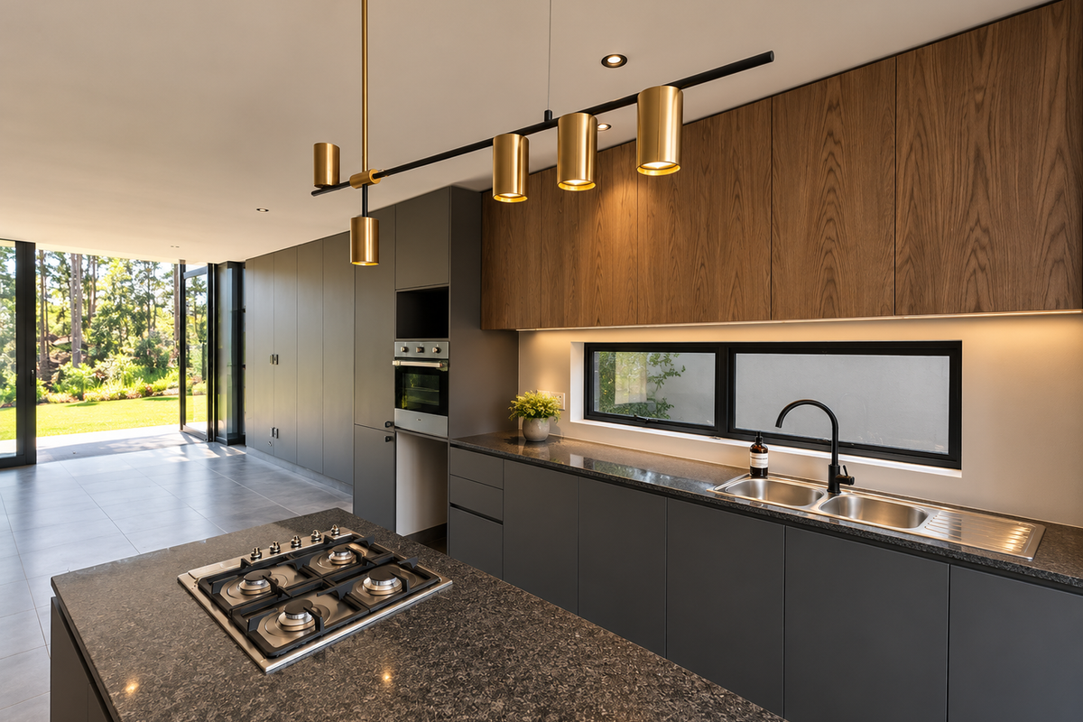 Modern kitchen featuring dark cabinetry, stone countertops, gas cooktop, built-in oven, and seamless access to the outdoor garden area through large sliding glass doors.