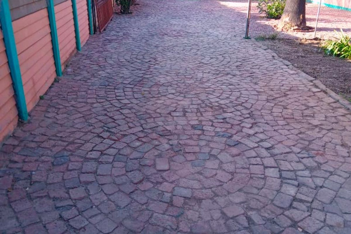 A rear outdoor area featuring circular pattern cobblestone paving, a precast concrete boundary wall, and a mature palm tree in the garden.