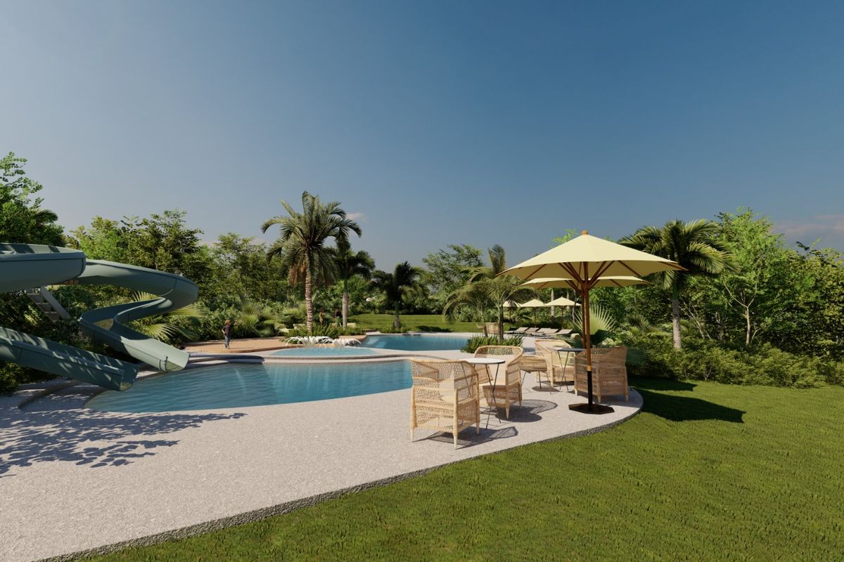 A professionally rendered view of a landscaped pool area featuring a water slide and paved deck, ideal for outdoor recreation.