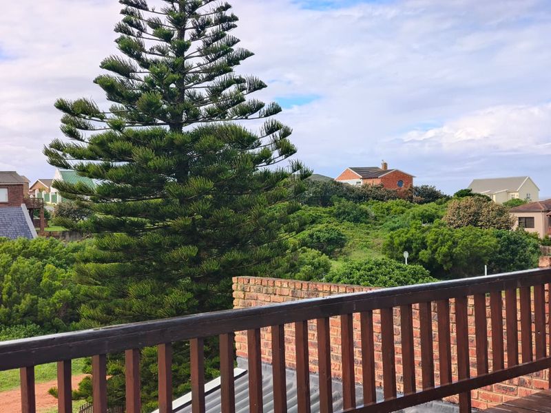 An elevated view from a balcony overlooking a lush green landscape with surrounding residential properties and a large conifer tree.